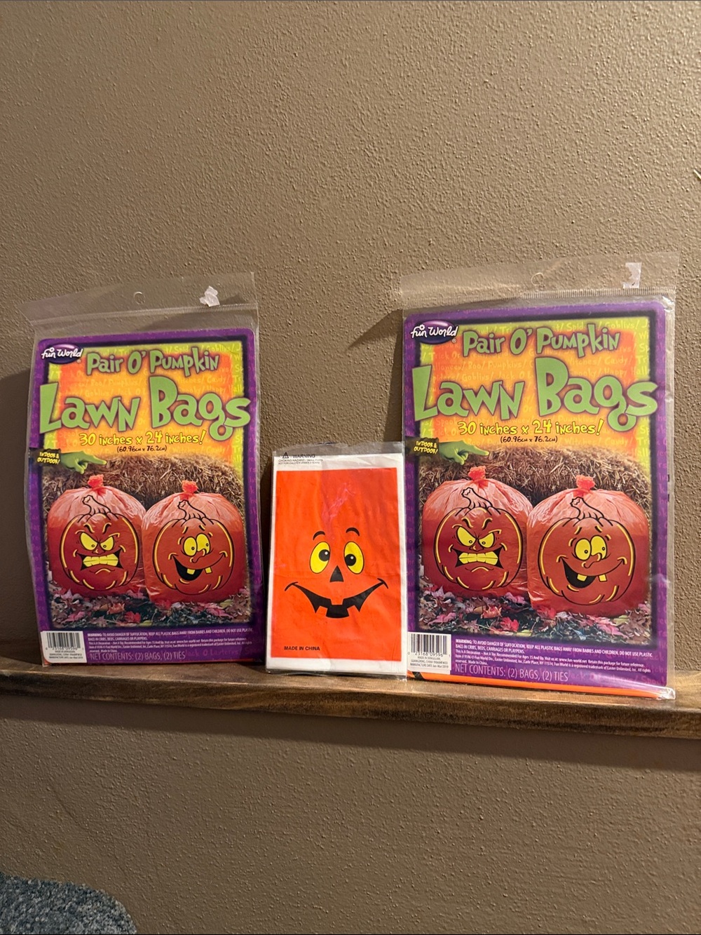 Vtg Pair O' Pumpkin Orange Lawn Bags - Halloween Treat Bags Lot
